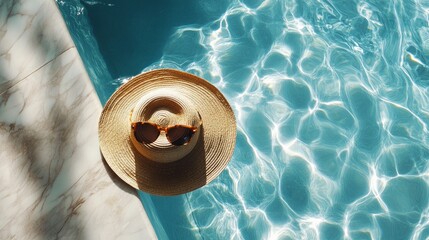 straw hat and sunglasses by a crystal-clear, blue marble swimming pool with waves and reflections of the sun and shadow. Summer vacation creative background - minimalistic fashion aesthetic