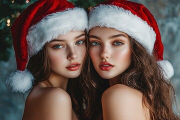 Wall Mural - Fashion Portrait of two beautiful young women in Santa Claus hats over Christmas background. Female Santa Claus. with generative ai