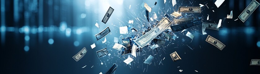 Poster - interest rate symbol breaking apart as it descends, symbolizing financial uncertainty