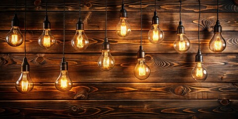 Poster - Dark wooden background illuminated by vintage light bulbs, with space for text