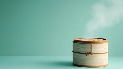 Wall Mural - Steaming Bamboo Steamer on a Teal Background