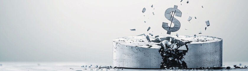 Poster - crumbling interest rate symbol on a cracked pedestal, financial market challenges