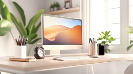 Poster - Modern home office with a desktop computer showing Cyber Monday sales, tech accessories nearby.