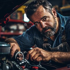 Mechanic fixing a car engine in a garage, showing focused professional in overalls ensuring vehicle maintenance and repair.