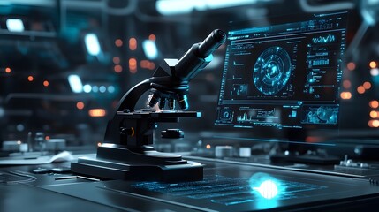 Poster - A Modern Microscope with Futuristic Blue Interface Display