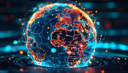 Wall Mural - Interconnected Digital Globe Surrounded by Dynamic Particles Representing Global Technology and Data Flow