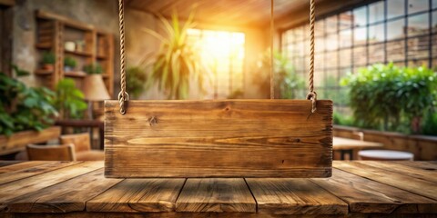 Aufkleber - Wooden table with rustic hanging sign perfect for a cozy home decor setting