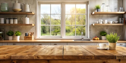 Aufkleber - Wooden table with kitchen window and shelves in the background