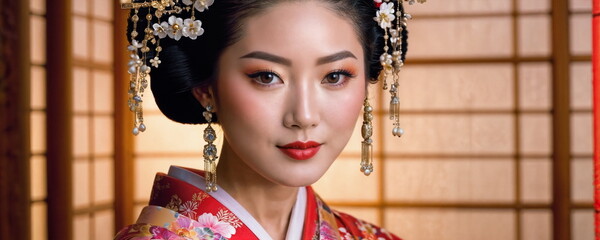 Close-up Asian woman in vibrant red and gold kimono with floral patterns. Her hair is styled in an updo with flowers, and she wears delicate pearl earrings. Soft rosy makeup