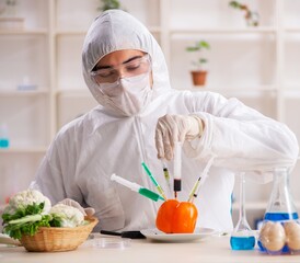 Scientist working in lab on GMO fruits and vegetables