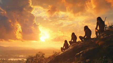 Wall Mural - Primitive Humans Gazing at a Fiery Sunset over a Lush Landscape