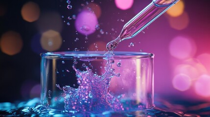 Poster - A close-up of a pipette dropping a chemical into a flask, triggering an exciting and vibrant reaction.