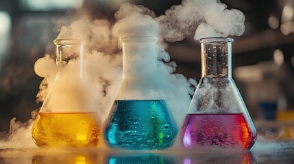 Poster - A close-up of beakers and flasks containing vibrant chemicals reacting, steam and bubbles filling the air.