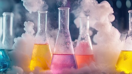 Poster - A close-up of beakers and flasks containing vibrant chemicals reacting, steam and bubbles filling the air.
