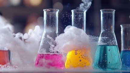 Poster - A close-up of beakers and flasks containing vibrant chemicals reacting, steam and bubbles filling the air.