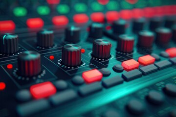 A close-up view of electronic sound equipment featuring knobs and buttons, illuminated by vibrant red and green lights, evoking a modern audio production environment.