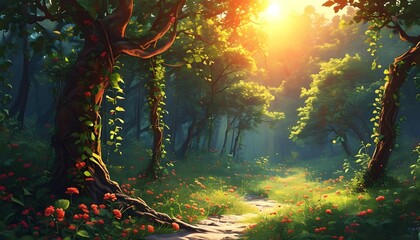 Wall Mural - Sunlit linden forest basking in warm golden light