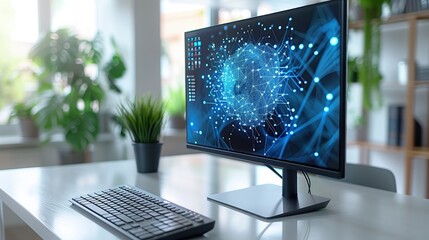 Fototapete - Contemporary Workspace Featuring a HighTech Monitor and CuttingEdge Keyboard Design