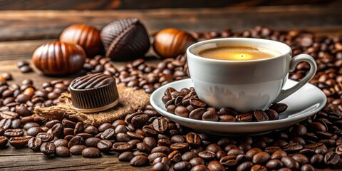 Wall Mural - A close up of a cup of espresso coffee beans and chocolate candies