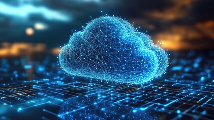 Poster - A cloud graphic with interconnecting lines representing business operations. The background features a digital grid to symbolize cloud-based innovation.