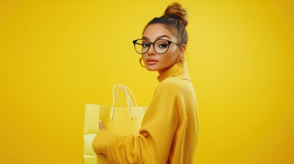 Portrait of nice charming woman with shopping bags. Young woman with bags posing on yellow background. Purchases, black friday, discounts, sale concept.