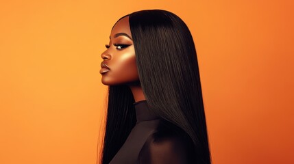 Portrait of an African American woman with long, straight hair, wearing a sleek black witch costume, copy space, in an eerie orange studio background, Halloween theme, spooky elegance, soft lighting