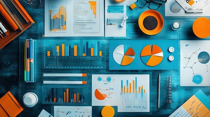 Poster - A combination of science tools, data charts, and strategic plans on a meeting table, symbolizing advisory boards influence on business strategy and innovation.