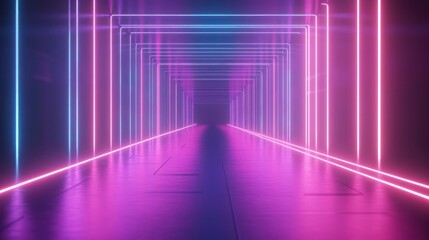 Wall Mural - Abstract purple and blue neon light tunnel with a reflective floor.
