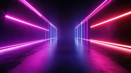 Wall Mural - A long, dark corridor with glowing pink and blue neon lights on the walls and floor.