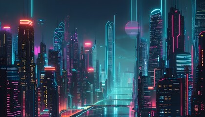 Wall Mural - Vibrant futuristic cityscape featuring glowing outlines and shimmering neon lights