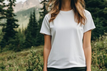 close-up photo of woman wearing plain white blank t-shirt mockup, standing in a forest and mountain meadow landscape