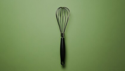 A silver whisk with a black handle on a green background