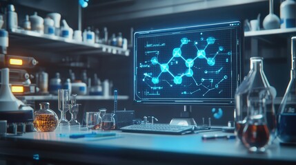 Poster - A digital representation of a chemical molecule rotates on a futuristic screen, surrounded by laboratory instruments.
