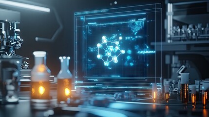 Poster - A digital representation of a chemical molecule rotates on a futuristic screen, surrounded by laboratory instruments.