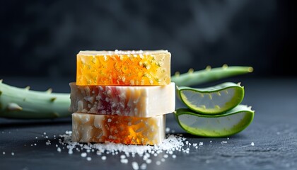 Elegant arrangement of natural soap bars with fresh aloe vera leaves against a dark backdrop