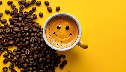 Cheerful coffee cup with smiley face against vibrant yellow backdrop