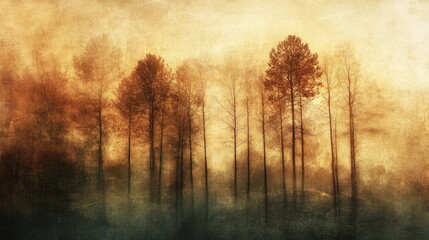 Canvas Print - Silhouettes of trees in a misty forest with a textured background.