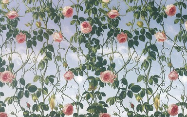 A repeating pattern of pink roses and green vines against a blue sky background.