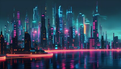 Wall Mural - Vibrant futuristic cityscape featuring glowing outlines and shimmering neon lights