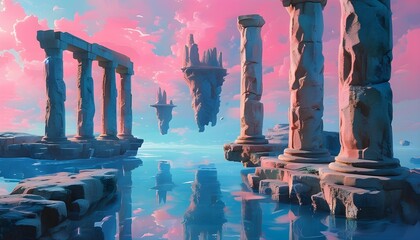 Wall Mural - Ethereal dreamscape with ancient columns and a floating island illuminated by soft pink and blue light