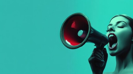 Woman with red lips and dark gloves shouting through a megaphone against a turquoise background.