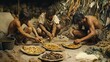 © Hungarian - Three Primitive People Preparing Food in a Stone Age Setting