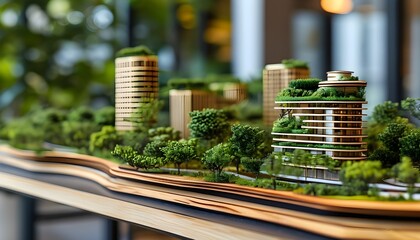 Wall Mural - Sustainable Urban Architecture Model Highlighting Greenery and Renewable Energy Concepts on Wooden Surface