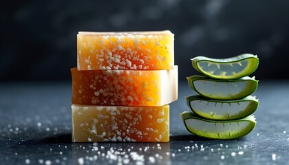 Elegant arrangement of natural soap bars with fresh aloe vera leaves against a dark backdrop