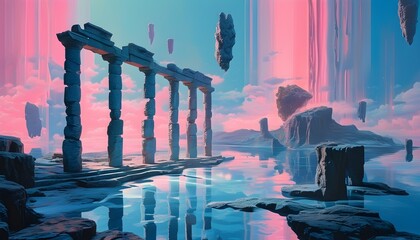 Wall Mural - Ethereal dreamscape with ancient columns and a floating island illuminated by soft pink and blue light