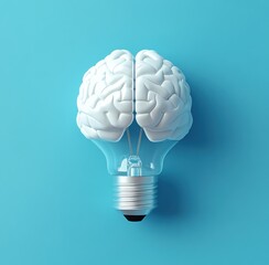 Poster - Innovative concept of a white brain-shaped light bulb on a blue background symbolizing creativity and intelligence