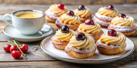 Poster - Traditional Italian zeppole di san giuseppe dessert with espresso coffee, filled with custard cream and black cherries, perfect for Saint Joseph's Day or Father's Day celebration