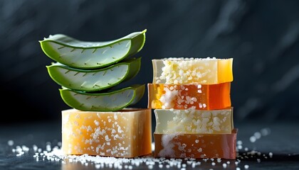 Wall Mural - Elegant arrangement of natural soap bars with fresh aloe vera leaves against a dark backdrop