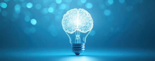 Poster - Innovative light bulb shaped like an anatomical brain on a blue background symbolizing creativity and ideas