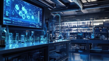 Poster - A high-tech lab is filled with advanced scientific equipment, and a display screen shows chemical equations alongside animated molecular diagrams.